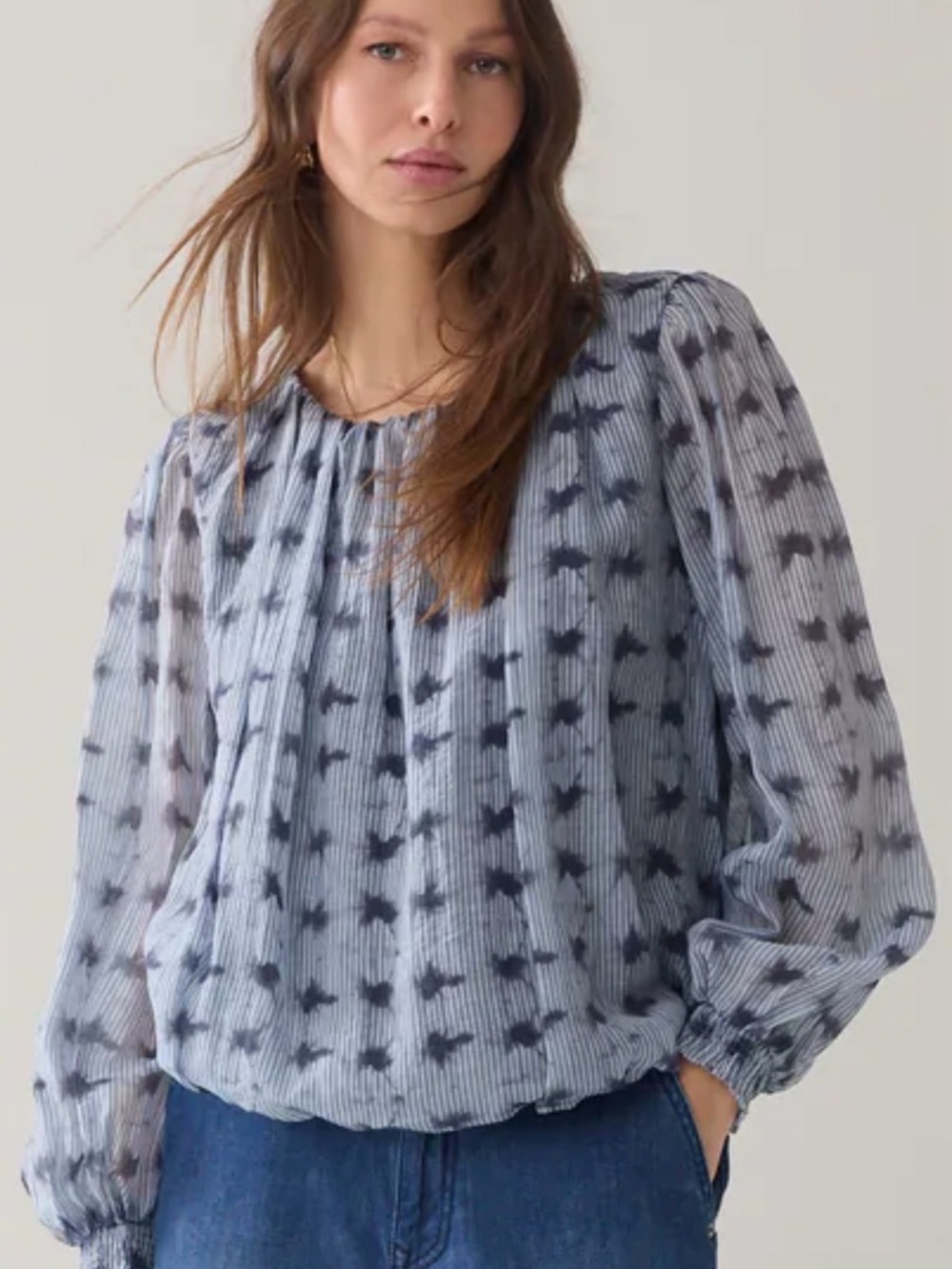 Summum 75% Lyocell Sheer Light Blue Printed Long-Sleeve Peasant Blouse